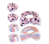 KAILIKETIY Set 6 Pezzi Fascia Lavaggio Viso in Peluche Fiocco e Braccialetti Per Spa e Trucco, Fascia Morbida Per Cura Della Pelle, Polsini Antiscivolo Per Ragazze