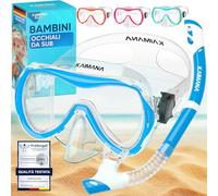 KAIMANA® SeaExplorer Set Maschera Boccaglio Bambini & Borsa - Kit Snorkeling Bambini 3-10 Anni - Maschera con Boccaglio Bambino, Cinturino Tessuto o Silicone - Mare e Piscina