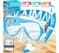 KAIMANA® SeaExplorer Set Maschera Boccaglio Bambini & Borsa - Kit Snorkeling Bambini 3-10 Anni - Maschera con Boccaglio Bambino, Cinturino Tessuto o Silicone - Mare e Piscina