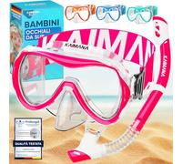KAIMANA® SeaExplorer Set Maschera Boccaglio Bambini & Borsa - Kit Snorkeling Bambini 3-10 Anni - Maschera con Boccaglio Bambino, Cinturino Tessuto o Silicone - Mare e Piscina