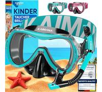 KAIMANA® SeaExplorer Set Maschera Boccaglio Bambini & Borsa - Kit Snorkeling Bambini 3-10 Anni - Maschera con Boccaglio Bambino, Cinturino Tessuto o Silicone - Mare e Piscina