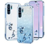 Kainevy Cover per Huawei P30 Pro Trasparente Glitter Floreale per Donne, Brillantini Sfumati Custodia Silicone Morbido Antiurto Protezione Rosa Sottile Bling Clear Case (Blu)