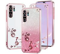 Kainevy Cover per Huawei P30 Pro Trasparente Glitter Floreale per Donne, Brillantini Sfumati Custodia Silicone Morbido Antiurto Protezione Rosa Sottile Bling Clear Case (Rosa)
