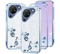 Kainevy Cover per Huawei Pura 90 Trasparente Glitter Floreale per Donne, Brillantini Sfumati Custodia Silicone Morbido Antiurto Protezione Rosa Sottile Bling Clear Case (Blu-argento)