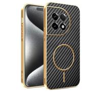 Kainevy Cover per OnePlus Ace 2 Magnetica Texture Fibra Carbonio TPU Custodia Rigida per Ricarica Wireless, Antigraffio Antiurto Resistente Sottile Case Cornice Placcata Oro (Nero)