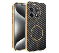 Kainevy Cover per OnePlus Ace 2 Pro Magnetica Texture Fibra Carbonio TPU Custodia Rigida per Ricarica Wireless, Antigraffio Antiurto Resistente Sottile Case Cornice Placcata Oro (Nero)