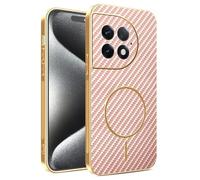 Kainevy Cover per OnePlus Ace 2 Pro Magnetica Texture Fibra Carbonio TPU Custodia Rigida per Ricarica Wireless, Antigraffio Antiurto Resistente Sottile Case Cornice Placcata Oro (Rosa)
