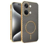 Kainevy Cover per OnePlus Ace 2V Magnetica Texture Fibra Carbonio TPU Custodia Rigida per Ricarica Wireless, Antigraffio Antiurto Resistente Sottile Case Cornice Placcata Oro (Marrone)