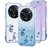 Kainevy Cover per Realme 14 Pro 5G Trasparente Glitter Floreale per Donne, Brillantini per Realme 14 Pro 5G Cover Silicone Morbido Bling Antiurto Protezione Case Sottile Rosa (Blu)