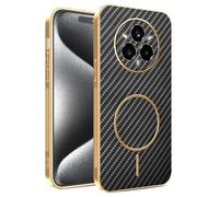 Kainevy Cover per Realme 14 Pro Plus Magnetica Texture Fibra Carbonio TPU Custodia Rigida per Ricarica Wireless, Antigraffio Antiurto Resistente Sottile Case Cornice Placcata Oro (Nero)