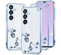Kainevy Cover per Samsung A34 5G Trasparente Glitter Floreale per Donne, Brillantini Sfumati Custodia Silicone Morbido Antiurto Protezione Rosa Sottile Bling Clear Case (Blu-argento)