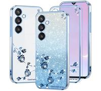 Kainevy Cover per Samsung A34 5G Trasparente Glitter Floreale per Donne, Brillantini Sfumati Custodia Silicone Morbido Antiurto Protezione Rosa Sottile Bling Clear Case (Blu)