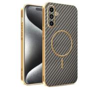 Kainevy Cover per Samsung Galaxy A14 Magnetica Texture Fibra Carbonio TPU Custodia Rigida per Ricarica Wireless, Antigraffio Antiurto Resistente Sottile Case Cornice Placcata Oro (Marrone)