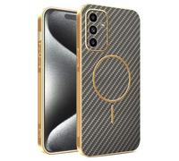 Kainevy Cover per Samsung Galaxy A15 Magnetica Texture Fibra Carbonio TPU Custodia Rigida per Ricarica Wireless, Antigraffio Antiurto Resistente Sottile Case Cornice Placcata Oro (Marrone)