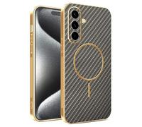 Kainevy Cover per Samsung Galaxy A56 5G Magnetica Texture Fibra Carbonio TPU Custodia Rigida per Ricarica Wireless, Antigraffio Antiurto Resistente Sottile Case Cornice Placcata Oro (Marrone)
