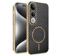 Kainevy Cover per Vivo V50 Lite Magnetica Texture Fibra Carbonio TPU Custodia Rigida per Ricarica Wireless, Antigraffio Antiurto Resistente Sottile Case Cornice Placcata Oro (Nero)