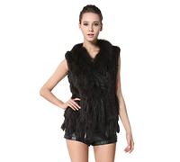 KAISHIN Gilet in Vera Pelliccia di Coniglio Lavorati a Maglia alla Moda per Donna Gilet con Collo in Pelliccia di Procione Casual per Tutte Le Partite (caffè, M: IT 44-46)