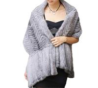 KAISHIN Pashmina in vera pelliccia di visone elegante per sciarpe grandi in pelliccia a righe da donna (Grigio chiaro)