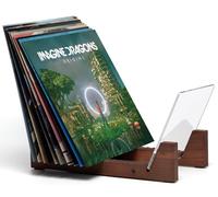 KAIU Portadischi in Vinile - Legno Massello con Supporto in Acrilico Trasparente - Design Premium, Perfetto per Esporre LP da 12" o Singoli da 7"-Conserva e Supporta fino a 50 Album (Marrone Vintage)