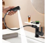 KAIYING Miscelatore monocomando per lavabo con doccetta estraibile, rubinetto da bagno estraibile con 3 modalità, miscelatore monoforo con indicatore di temperatura (senza batteria) (nero)