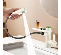 KAIYING Miscelatore monocomando per lavabo con doccetta estraibile, rubinetto da bagno estraibile con 3 modalità, miscelatore monoforo con indicatore di temperatura (senza batteria) (bianco crema)