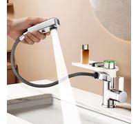 KAIYING Miscelatore monocomando per lavabo con doccetta estraibile, rubinetto da bagno estraibile con 3 modalità, miscelatore monoforo con indicatore di temperatura (senza batteria) (cromato)