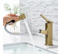 KAIYING, rubinetto per lavabo da bagno con erogatore estraibile, miscelatore monocomando per acqua calda e fredda, rubinetto estraibile con beccuccio rotante, regolare, oro champagne spazzolato