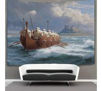 kaiyun Arazzo Da Parete Con Stampa Digitale, in Morbido Tessuto in Microfibra,decorazione Per Camera, Motivo:Navi lunghe vichinghe che navigano nelle acque nord-orientali dell'Inghilterra,180cmx230cm