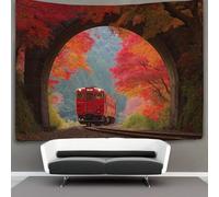 kaiyun Arazzo Da Parete Con Stampa Digitale, in Morbido Tessuto in Microfibra,decorazione Per Camera, Motivo:Il Treno Rosso Attraversa un Arco di Acero dai Colori Autunnali Vibranti,100cmx150cm