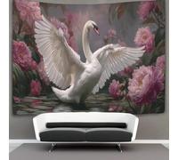 kaiyun Arazzo Di Un cigno bianco con le ali spiegate, peonie rosa,70cmx100cm Da Appendere A Parete,Per Soggiorno Camera Da Letto E Altre Decorazioni Per La Casa