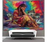 kaiyun Beautiful Indian Girl with A Wolf, Rainbow Tie-dye Pattern Tapestry Wall Hanging - Bedspread,Blanket Throw Tapestries for Living Room,Home Decor 150cmx200cm