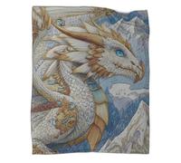 kaiyun Bianco And Golden Drago Coperta Da Campeggio Esterna Stampata Calda,morbida E Traspirante Occhi blu ghiaccio Copriletto Per Camera Da Letto Quattro Stagioni 70x80inch(180x200cm)