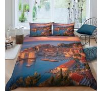 kaiyun Città vecchia e porto con tetti rossi Set Copripiumino Completo Stampata Con Federe Microfibra 3D Stampa Set Biancheria Da Letto Adolescenti Double（200x200cm）
