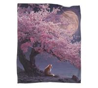 kaiyun Coperta Fiori di Ciliegio Rosa sotto la Luna, Volpe,Morbida E Calda,lenzuola in Flanella Con Motivo 3D,Adatto Per Uso Domestico E Campeggio 80x90inch(200x230cm)