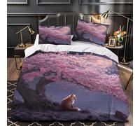 kaiyun Fiori di ciliegio rosa sotto la luna, Fox Copripiumino Parure Da Letto Con,motivo:, Stampato 3D Federa,Morbido in Microfibra Per Adulti, Bambino Super King（260x220cm）