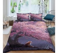 kaiyun Fiori di ciliegio rosa sotto la luna, Fox Morbido Set Di Biancheria Da Letto Set 3D Motivo Stampata Copripiumino E La Federa Del Cuscino, Per Ragazzo,ragazza King（220x240cm）