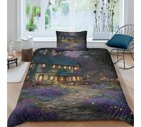 kaiyun Giardino di lavanda Biancheria Da Letto Con Stampa 3D L'Hotel nella Forestaa Magica Con Federe Copripiumino Con Cerniera Morbida Microfibra Per La Casa E L'hotel Single(135x200cm)