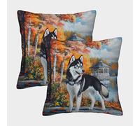 kaiyun Husky siberiano Federa Per Cuscino 3D Scena di parco autunnale Scatola Per Cuscino Stampata Adatta Per La Decorazione Della Casa Soggiorno Auto 40x40cm 2 Pacchi