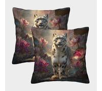 kaiyun Leopardo delle nevi in piedi tra fiori di loto Federa Per Cuscino 3D SGattoola Per Cuscino Stampata Adatta Per La Decorazione Della Casa Soggiorno Auto 45x45cm 2 Pacchi