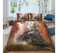 kaiyun Locomotiva a vapore della fine del XIX secolo Copripiumino Set Di Per Stampa 3D Foresta autunnalea, in Microfibra, Con Federe Biancheria Da Letto Per Ragazzi E Ragazze Double(200x200cm)