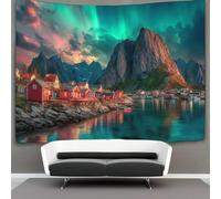 kaiyun Lofoten Islands Aurora boreale And Red Houses Arazzo Da Parete Arazzi Da Appendere Alla Parete Camera Da Letto Decorazioni Per La Casa 100cmx150cm