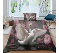 kaiyun Set Di Biancheria Da Letto 3D Un cigno bianco con le ali spiegate, peonie rosa, in Microfibra Set Copripiumino Con Stampa in, 3 Pezzi, Con Federe Single（135x200cm）