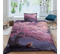 kaiyun Set Di Biancheria Da Letto Con Motivo Fiori di ciliegio rosa sotto la luna, Fox,3 Pezzi,in Microfibra 3D,con Chiusura Con Copripiumino E Federa Per Ragazzo, Ragazza Single（135x200cm）