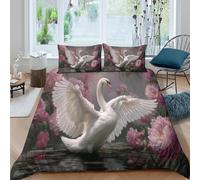 kaiyun Set Di Biancheria Da Letto Con Motivo Un cigno bianco con le ali spiegate, peonie rosa,3 Pezzi,in Microfibra 3D,con Chiusura Con Copripiumino E Federa Per Ragazzo, Ragazza Double（200x200cm）