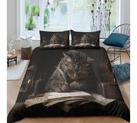 kaiyun Set Di Biancheria Da Letto Di Gatto filosofico seduto dietro i libri Stampato in 3D Con Federe,Medievale Library Copripiumino in Microfibra Morbida Per Ragazzo, Ragazza Double(200x200cm)