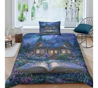 kaiyun Set Di Copripiumino Notte stellata 3D, Sacco Copri Piumone Microfibra Con Cerniera E Federa Country House Open Book Fireflies Biancheria Da Letto Per Ragazzo, Ragazza Single（135x200cm）