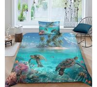 kaiyun Spiaggia marina Morbido Set Di Biancheria Da Letto Set 3D Motivo Turtles Pesce And Palm Trees Stampata Copripiumino E La Federa Del Cuscino, Per Ragazzo,ragazza Single（135x200cm）