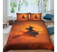kaiyun Strega a Cavallo di una Scopa e un'Enorme Luna Piena Arancione Set Copripiumino E Federe 3D Stampata in Microfibra, Adolescenti, Bambino Biancheria Da Letto King（220x240cm）