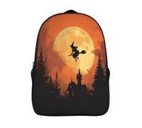 kaiyun Strega che vola su una scopa davanti alla luna piena Borsa Da Scuola Zaino Unisex Bambini,Nero 16 inch
