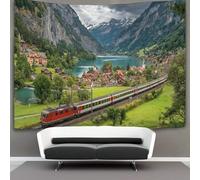 kaiyun Treno Passing through A Villaggio in The Swiss Alps- Arazzo Da Parete Con,decorazione Da Parete Per Appartamento,casa,soggiorno,dormitorio 130cmx150cm